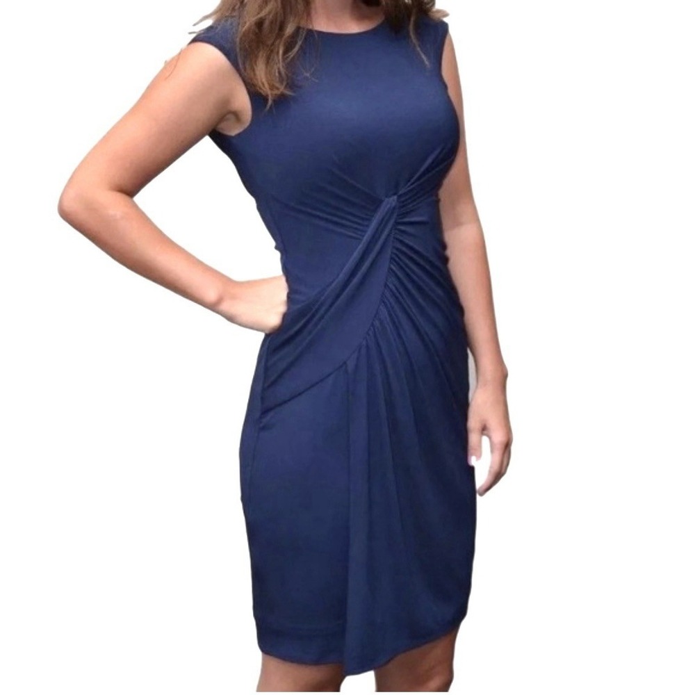Vince Camuto Size 0 Twist Front Jersey Knit Dress Navy Ruched Back Knee Length